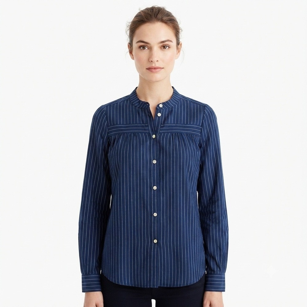LOFT Blouse Womans M Navy Blue Pinstripe Band‎ Collar Button Down 100% Cotton